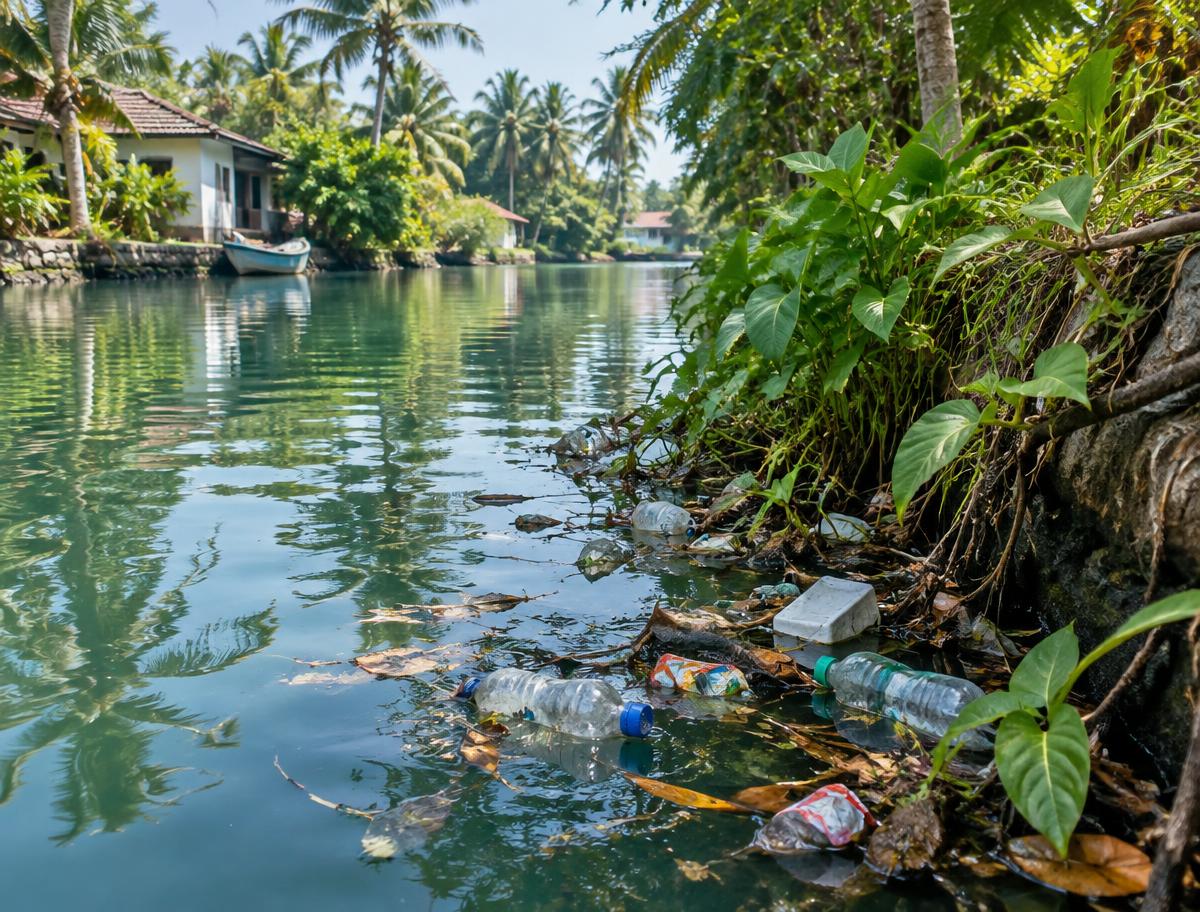 Illustrative tropical canal with discarded plastic along its bank